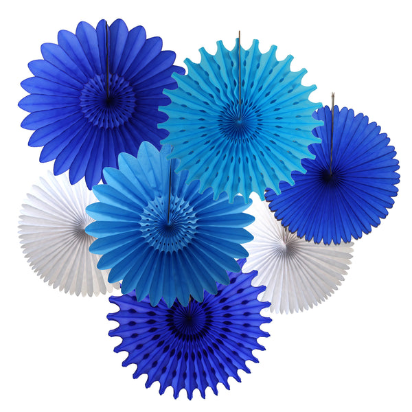 7-Piece Set of Blue & White Tissue Paper Fans, 13 & 18 Inches