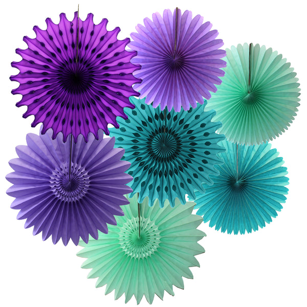 7-Piece Set of Mermaid Themed Tissue Paper Fans, 13 & 18 Inches