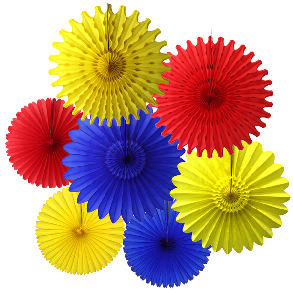 7-Piece Set of Red, Yellow, and Blue Tissue Paper Fans, 13 & 18 Inches