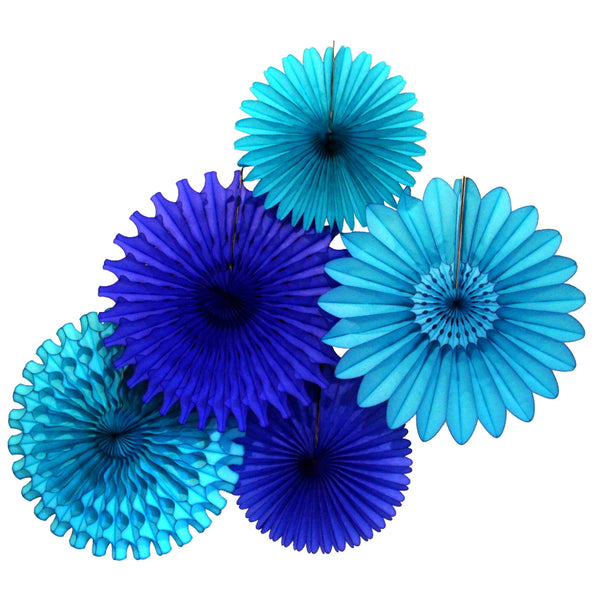 5-Piece Tissue Paper Fans, 13 & 18 Inches - Blue Skies