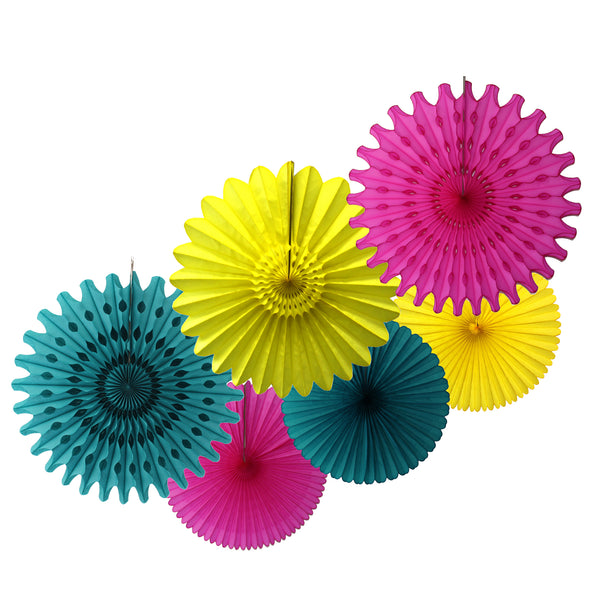 6-Piece Tissue Paper Fans, 13 & 18 Inches - Cerise, Yellow, & Teal