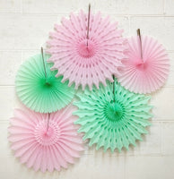 5-Piece Set of Tissue Paper Fans, 13 & 18 Inches - Mint & Pink