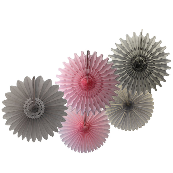 5-Piece Tissue Paper Fans, 13 & 18 Inches - Pink & Gray
