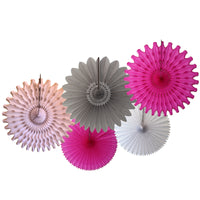 5-Piece Tissue Paper Fans, 13 & 18 Inches - Gray White Cerise