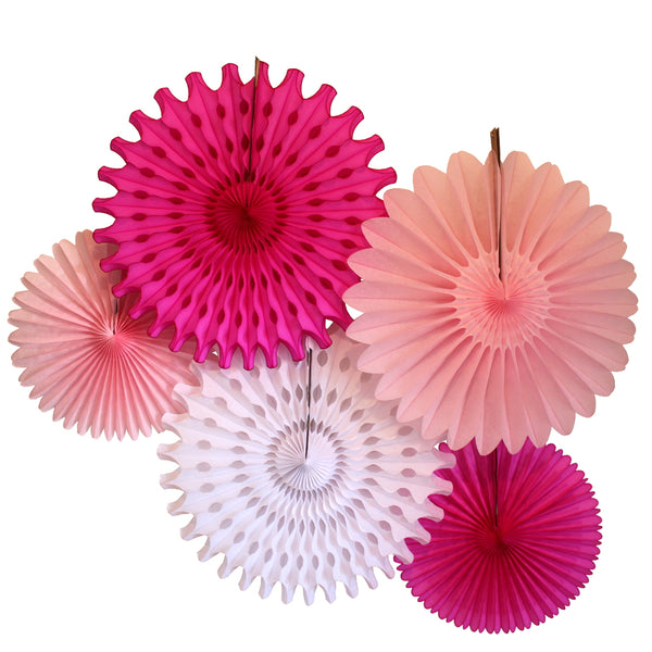 5-Piece Tissue Paper Fans, 13 & 18 Inches - Cerise White Pink