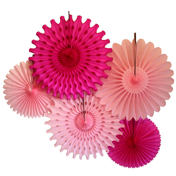 5-Piece Set of Tissue Paper Fans, 13 & 18 Inches - Pretty in Pink
