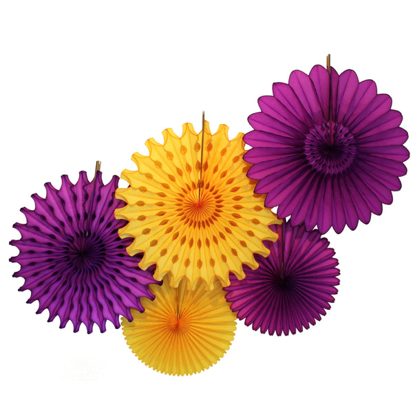 5-Piece Tissue Paper Fans, 13 & 18 Inches - Purple & Gold