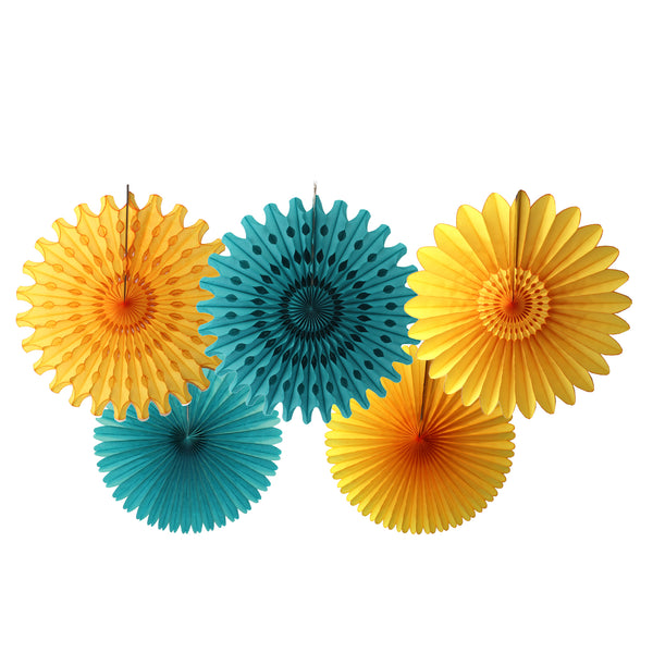 5-Piece Tissue Paper Fans, 13 & 18 Inches - Teal & Gold