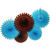 5-Piece Tissue Paper Fans, 13 & 18 Inches - Turquoise & Brown