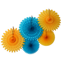 5-Piece Tissue Paper Fans, 13 & 18 Inches - Turquoise & Gold