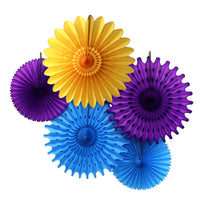 5-Piece Tissue Paper Fans, 13 & 18 Inches - Turquoise, Purple, & Gold