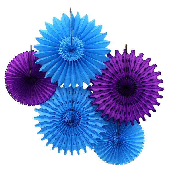 5-Piece Tissue Paper Fans, 13 & 18 Inches - Turquoise & Purple